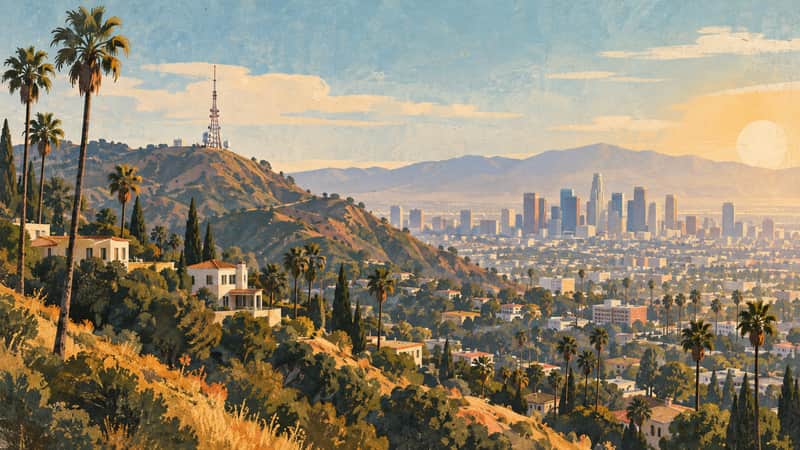 Hollywood Hills 4K wallpaper, mid-century travel poster style, for Frame TV and desktop