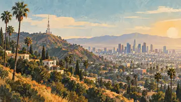 Hollywood Hills 4K wallpaper, mid-century travel poster style