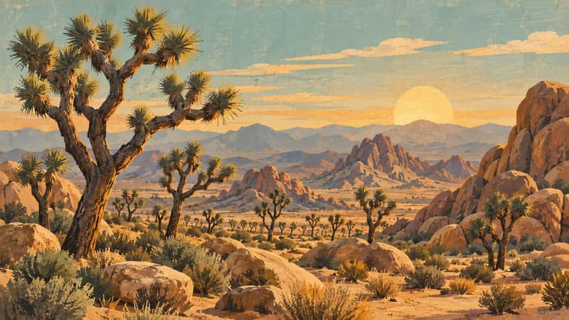 Joshua Tree Desert 4K wallpaper, mid-century travel poster style, for Frame TV and desktop