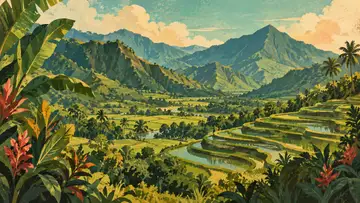 Taro Terrace Valley 4K wallpaper, mid-century travel poster style