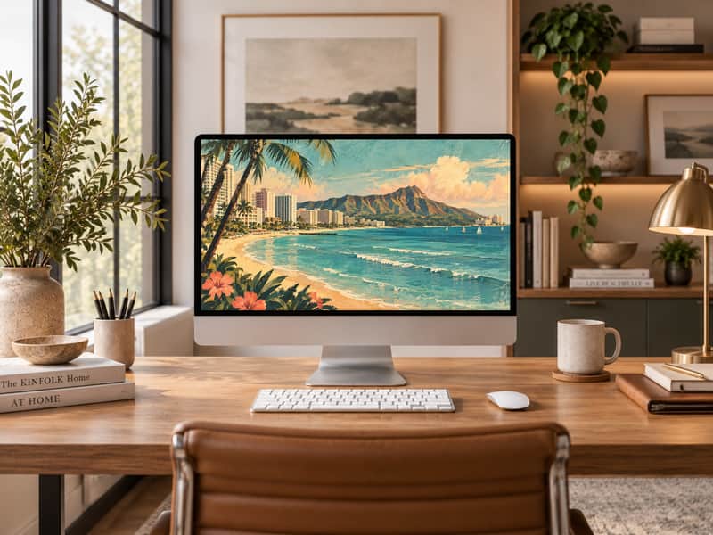 Waikiki Beach wallpaper shown on a desktop computer screen