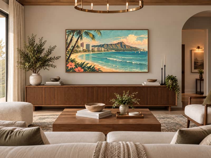Waikiki Beach wallpaper shown as art on a Samsung Frame TV