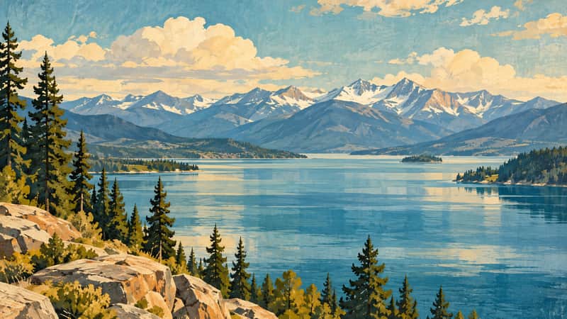 Flathead Lake Mountains 4K wallpaper, mid-century travel poster style, for Frame TV and desktop