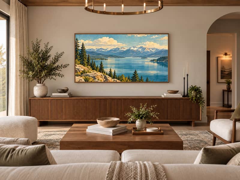 Flathead Lake Mountains wallpaper shown as art on a Samsung Frame TV