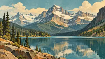 Glacier National Park Peaks 4K wallpaper, mid-century travel poster style