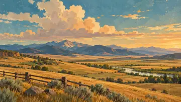 Prairie Ranchland 4K wallpaper, mid-century travel poster style