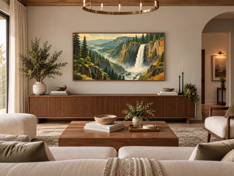 Columbia River Gorge Waterfall wallpaper shown as art on a Samsung Frame TV
