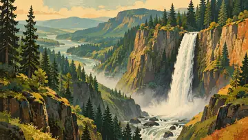 Columbia River Gorge Waterfall 4K wallpaper, mid-century travel poster style