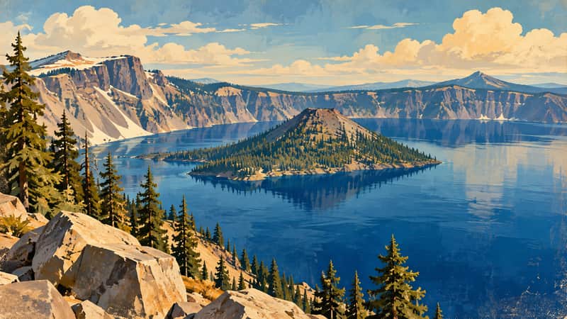 Crater Lake 4K wallpaper, mid-century travel poster style, for Frame TV and desktop