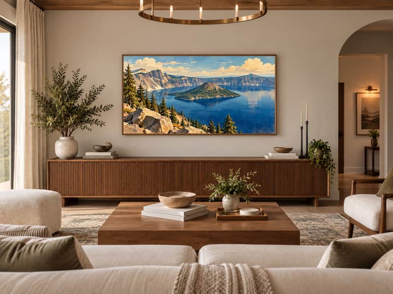 Crater Lake wallpaper shown as art on a Samsung Frame TV