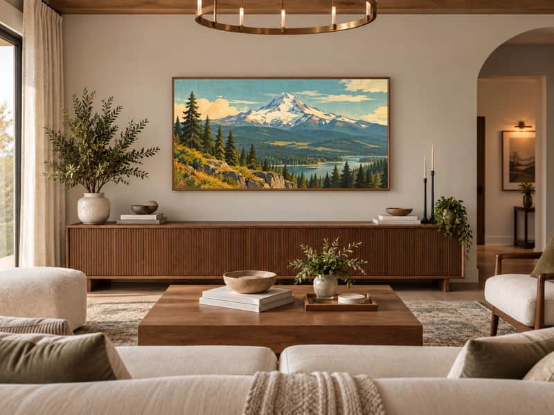 Mount Hood Peak wallpaper shown as art on a Samsung Frame TV