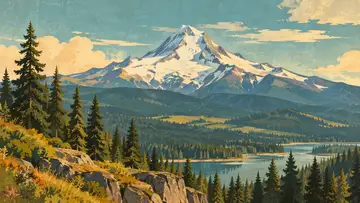 Mount Hood Peak 4K wallpaper, mid-century travel poster style