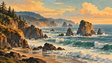 Pacific Coastline Sea Stacks 4K wallpaper, mid-century travel poster style