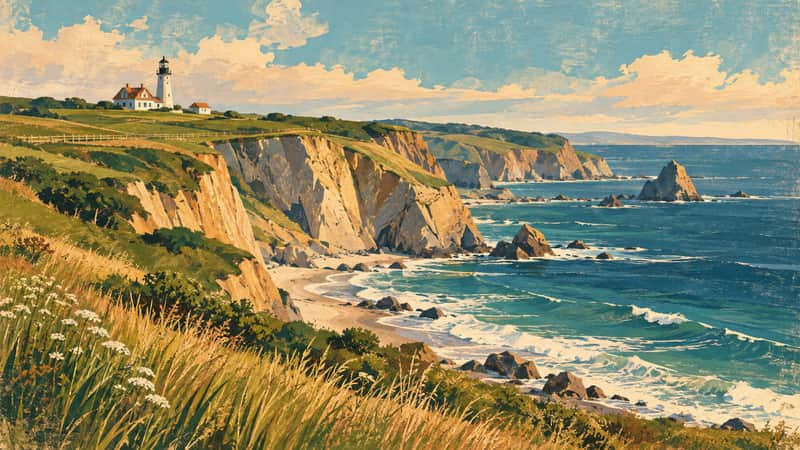 Block Island Cliffs 4K wallpaper, mid-century travel poster style, for Frame TV and desktop