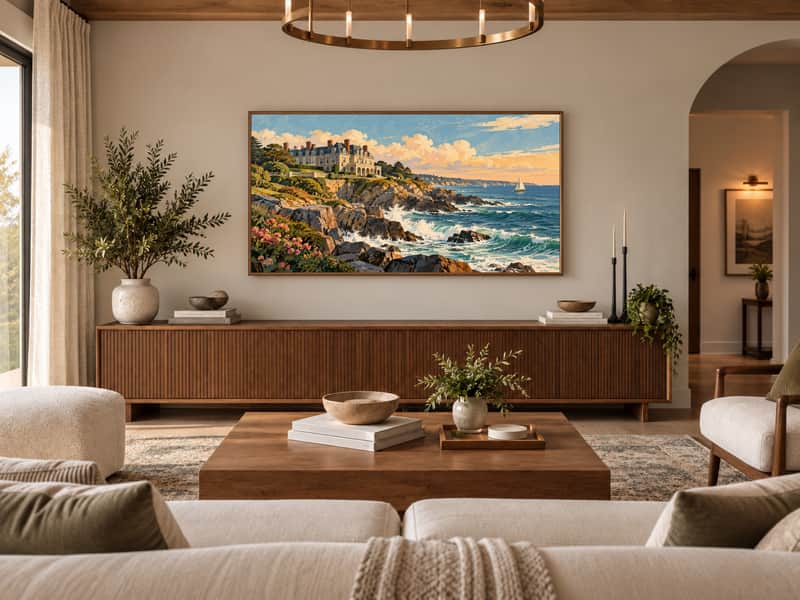 Newport Mansion Bluff wallpaper shown as art on a Samsung Frame TV