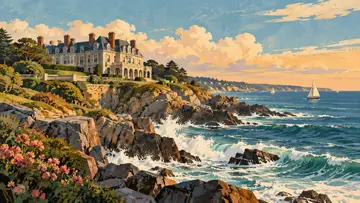 Newport Mansion Bluff 4K wallpaper, mid-century travel poster style