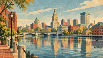 Providence Riverfront 4K wallpaper, mid-century travel poster style