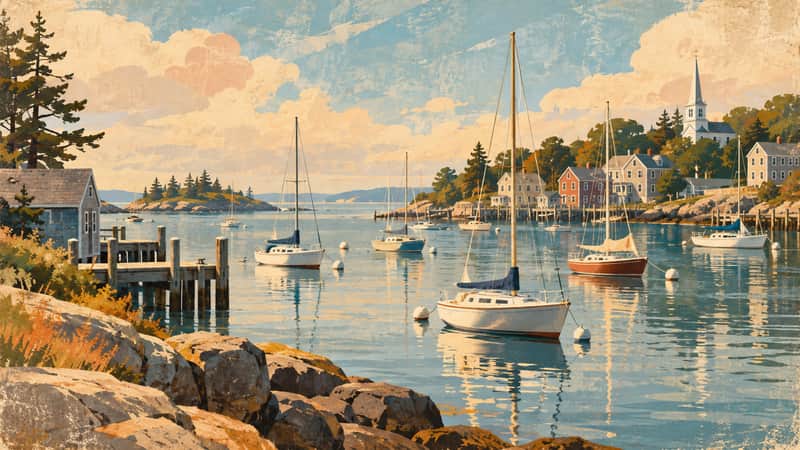 Sailboat Harbor 4K wallpaper, mid-century travel poster style, for Frame TV and desktop