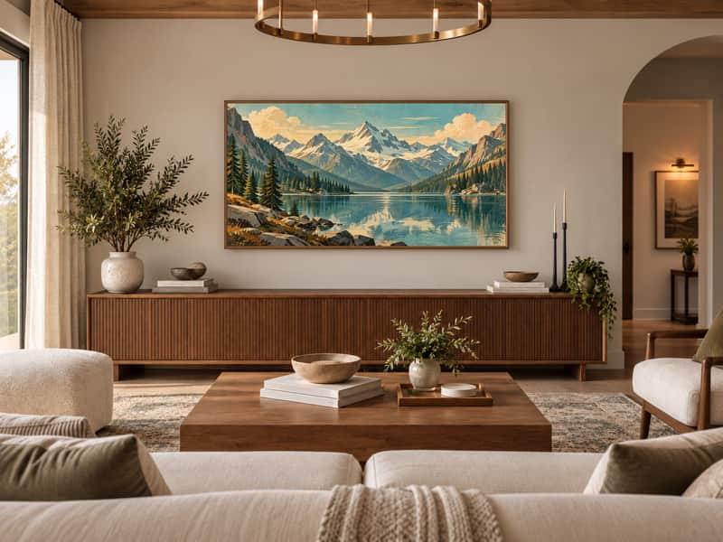 Alpine Mountain Lake wallpaper shown as art on a Samsung Frame TV