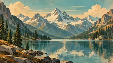Alpine Mountain Lake 4K wallpaper, mid-century travel poster style