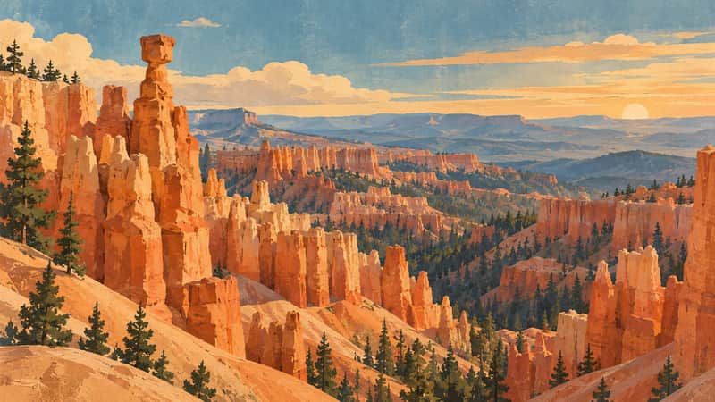 Bryce Canyon Hoodoos 4K wallpaper, mid-century travel poster style, for Frame TV and desktop
