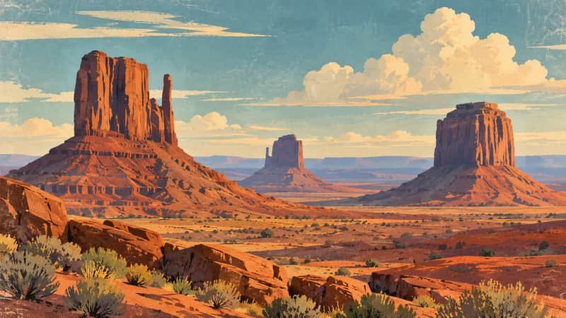 Monument Valley Buttes 4K wallpaper, mid-century travel poster style, for Frame TV and desktop