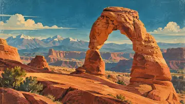 Red Rock Arch 4K wallpaper, mid-century travel poster style