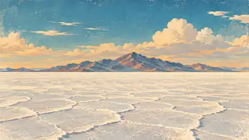 Salt Flats Horizon 4K wallpaper, mid-century travel poster style