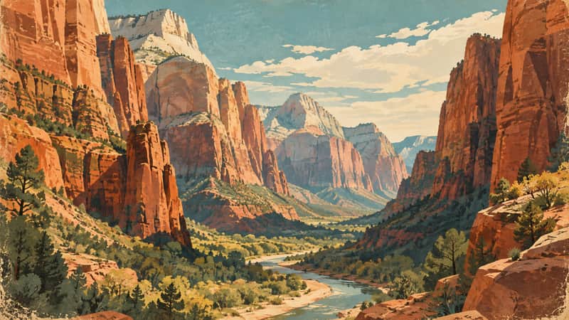 Zion Canyon Cliffs 4K wallpaper, mid-century travel poster style, for Frame TV and desktop