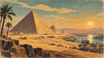 Great Pyramid of Giza, Egypt 4K wallpaper, mid-century travel poster style