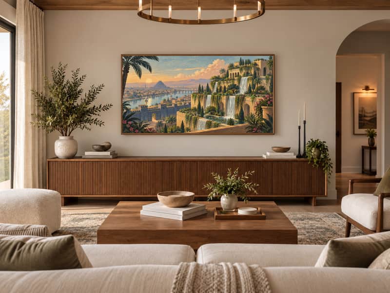 Hanging Gardens of Babylon wallpaper shown as art on a Samsung Frame TV