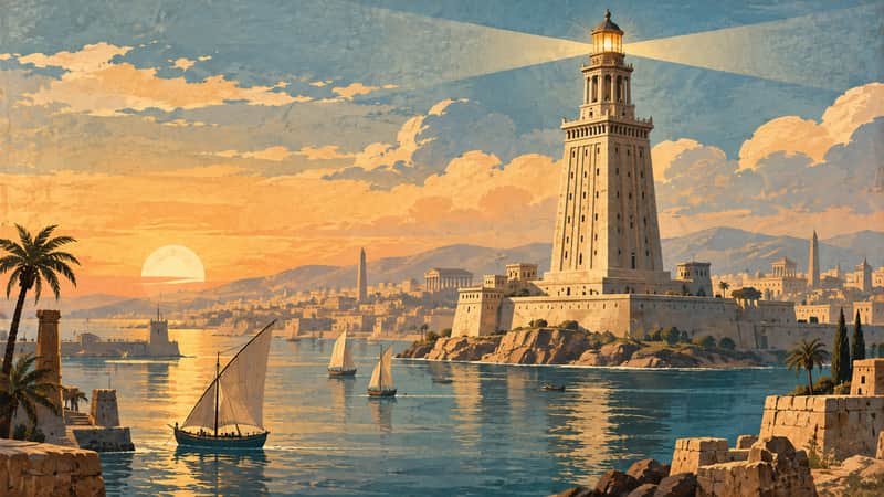 Lighthouse of Alexandria 4K wallpaper, mid-century travel poster style, for Frame TV and desktop