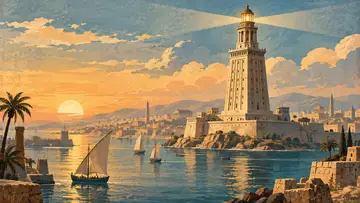 Lighthouse of Alexandria 4K wallpaper, mid-century travel poster style