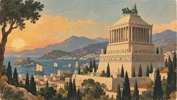Mausoleum at Halicarnassus 4K wallpaper, mid-century travel poster style