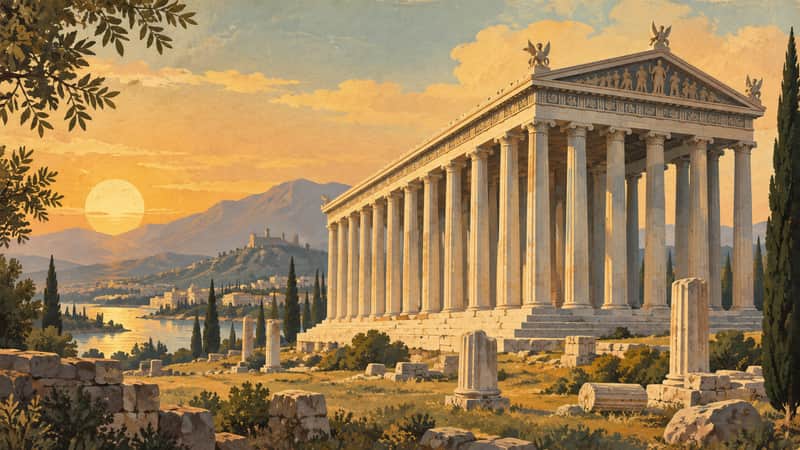 Temple of Artemis at Ephesus 4K wallpaper, mid-century travel poster style, for Frame TV and desktop