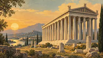 Temple of Artemis at Ephesus 4K wallpaper, mid-century travel poster style