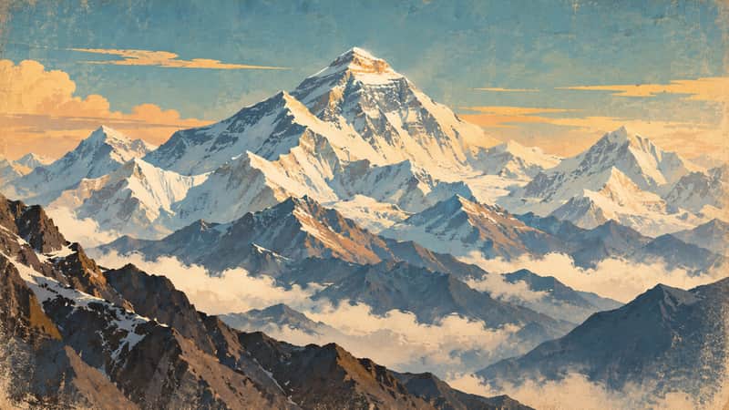 Mount Everest, Nepal/Tibet 4K wallpaper, mid-century travel poster style, for Frame TV and desktop