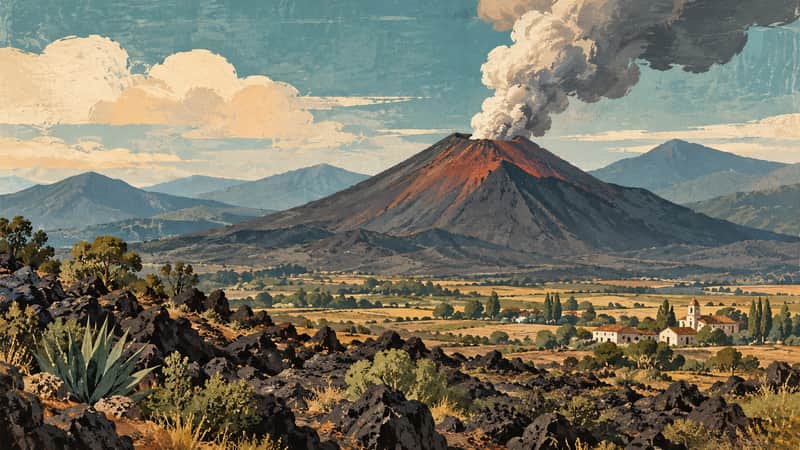 Parícutin Volcano, Mexico 4K wallpaper, mid-century travel poster style, for Frame TV and desktop