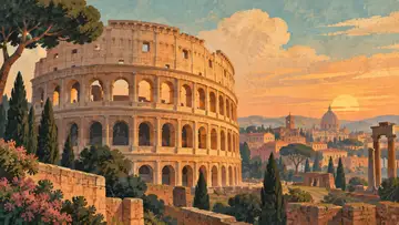 Colosseum, Italy 4K wallpaper, mid-century travel poster style