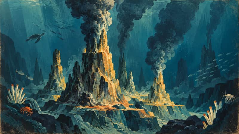 Deep Sea Vents, Puerto Ayora, Ecuador 4K wallpaper, mid-century travel poster style, for Frame TV and desktop