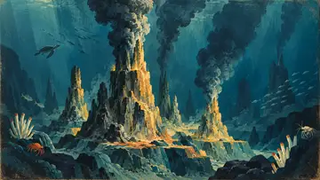 Deep Sea Vents, Puerto Ayora, Ecuador 4K wallpaper, mid-century travel poster style