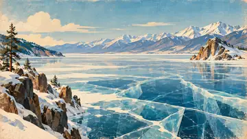 Lake Baikal, Irkutsk, Russia 4K wallpaper, mid-century travel poster style