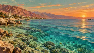 Northern Red Sea, Aqaba, Jordan 4K wallpaper, mid-century travel poster style