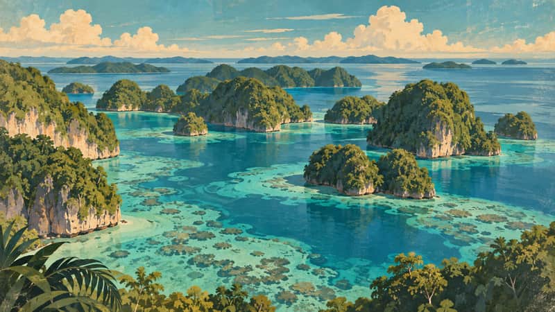 Palau Reefs, Palau, Pacific Ocean 4K wallpaper, mid-century travel poster style, for Frame TV and desktop